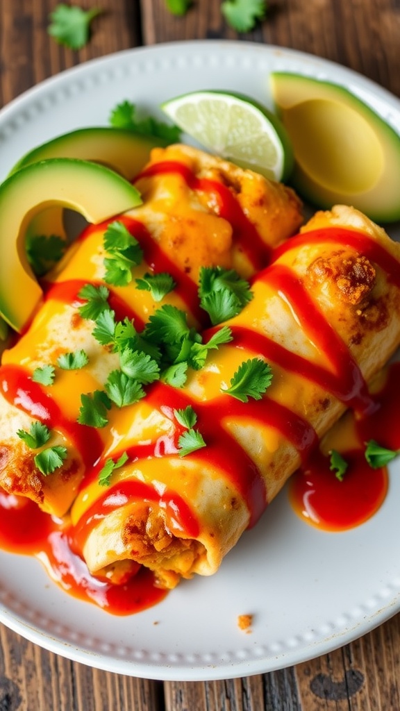 Cheesy quinoa enchiladas topped with enchilada sauce and cheese, garnished with cilantro, served with avocado and lime.